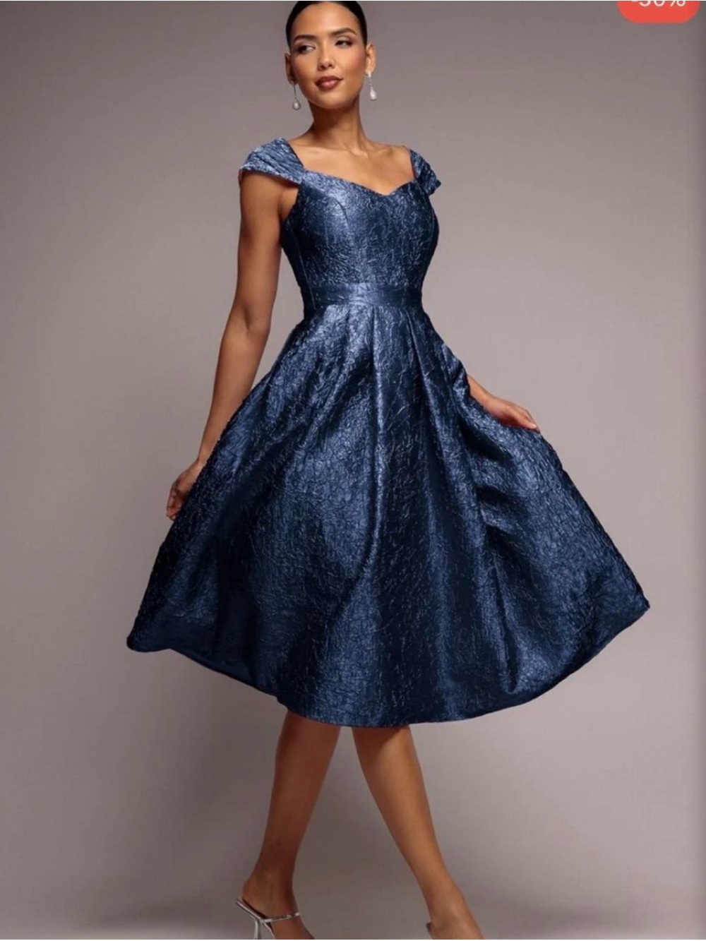 Off-Shoulder Navy Textured Fit-and-Flare Prom Dress